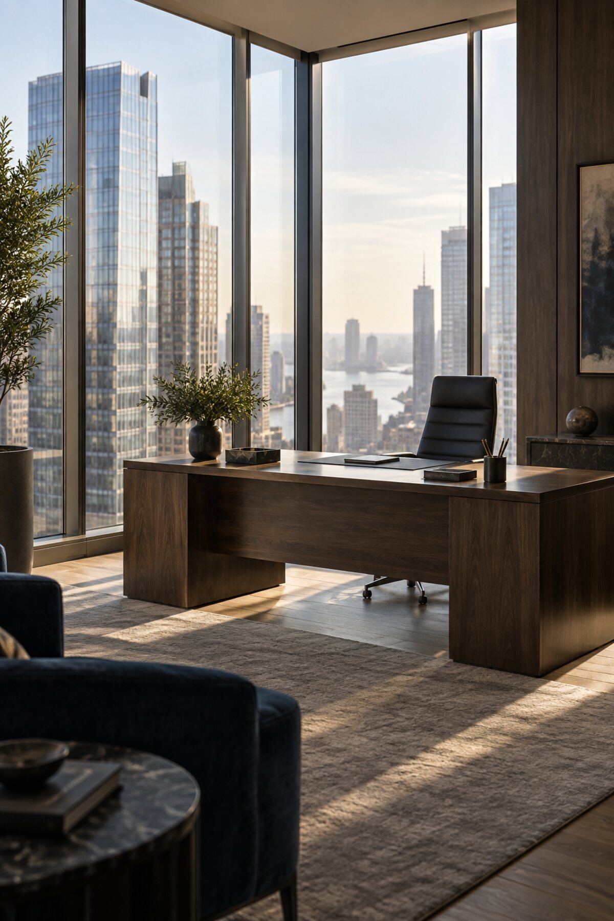 A calm executive office high above an American city