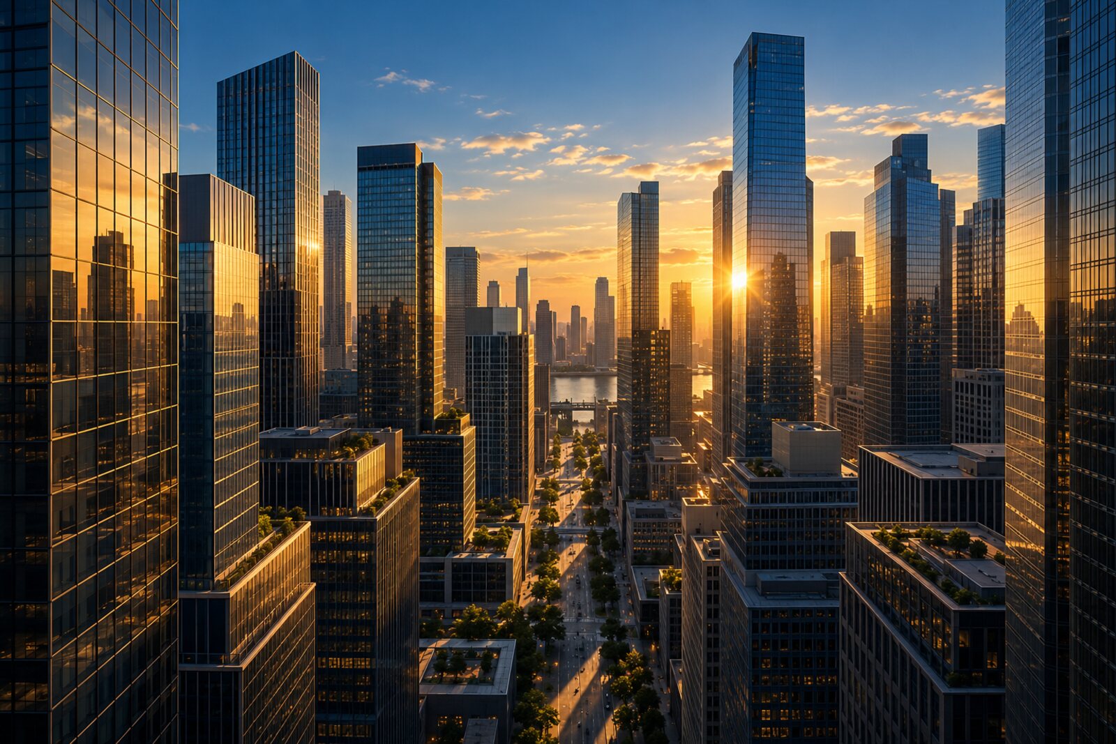 An American downtown financial district of glass towers at golden hour