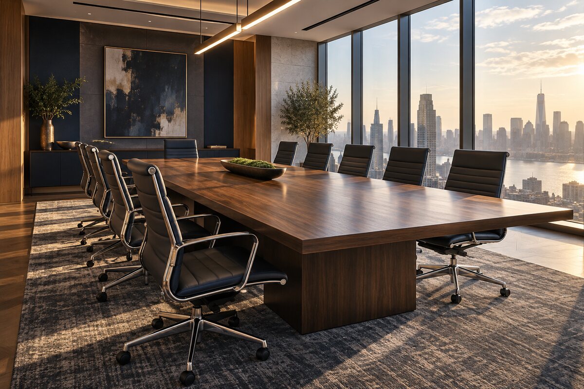 A wide, empty modern boardroom in warm daylight